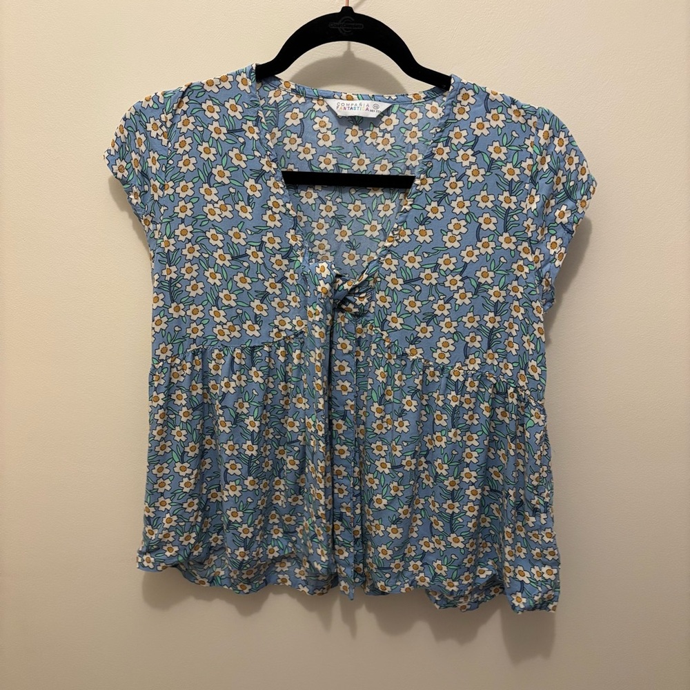 Blue floral baby doll top with front tie